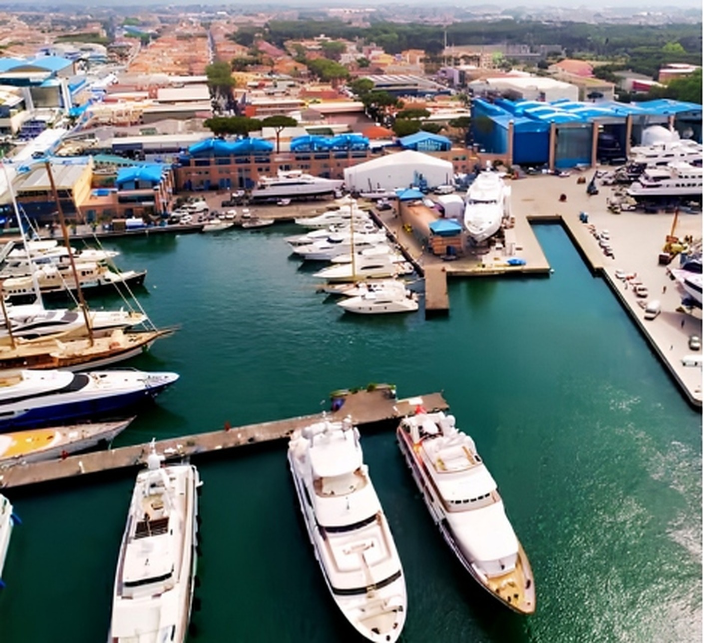 Aerial view of the Viareggio yacht harbor in Tuscany, Italy, with superyachts docked alongside Versilcraft and the shipyards where Troca One was built